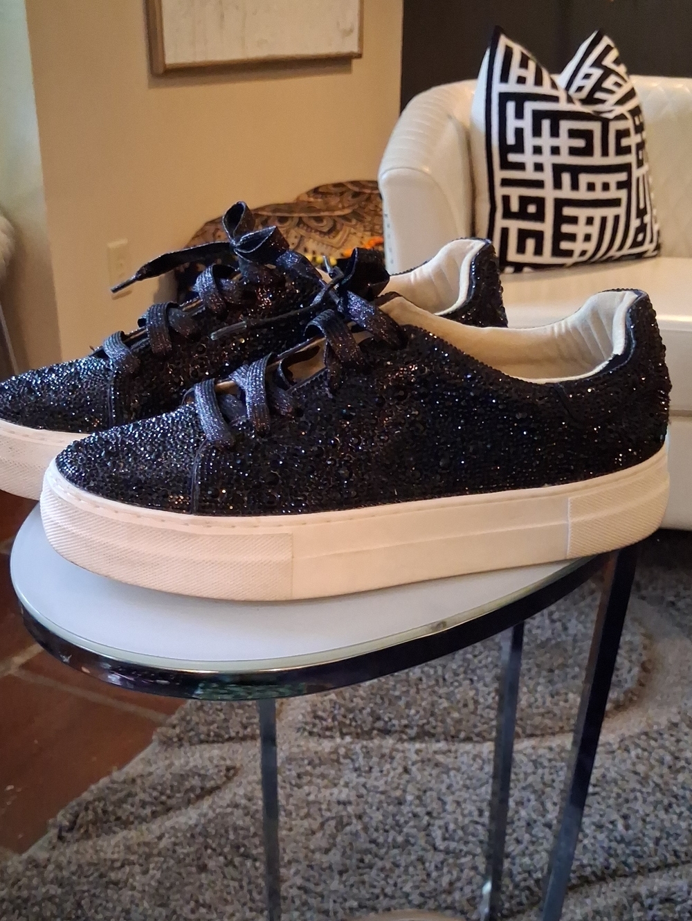Betsey Johnson Black Glitter Platform Lace-Up Women's Sneakers with White Sole